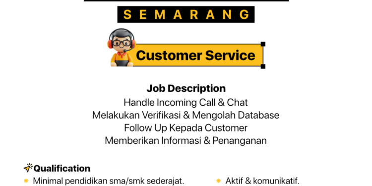 Lowongan Kerja Customer Service - Sabila Shuttle - Kota Semarang - Lulusan SMA SMK - Pengalaman 1-2 Tahun DibutuhkanCustomer Service
Sabila Shuttle
SMA/SMK
1-2 Tahun
Kota Semarang