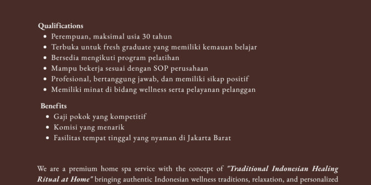 Lowongan Kerja Home Spa Therapist - Your Esscentials - Jakarta Barat - SMA - SMK - Pengalaman 0-2 Tahun DibutuhkanOnline Home Spa Therapist
Your Esscentials
SMA/SMK
0-2 Tahun
Jakarta Barat